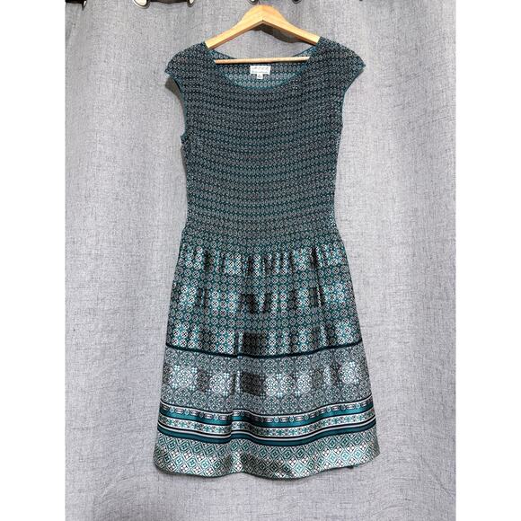 Max Studio MSSP Dress‎ Women Large Green Ruched Metallic Geometric Short - Picture 1 of 5